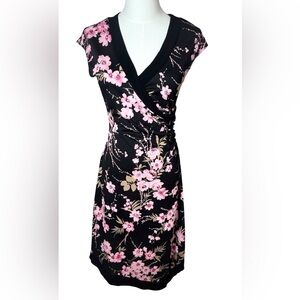 Vintage La Belle Floral Cherry Blossom Black and Pink Wrap Dress